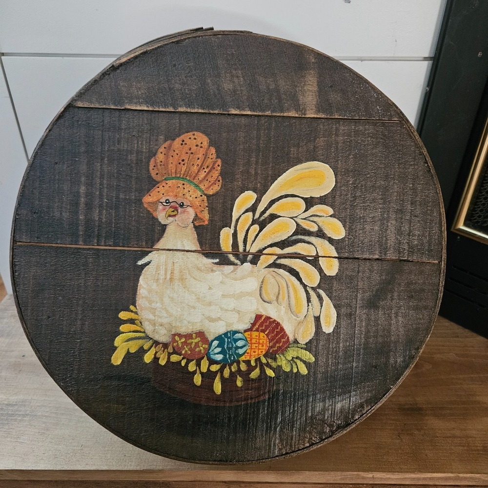 Vintage Granny Cottagecore Hand Painted Chicken Wooden Cheese Box Folk Art